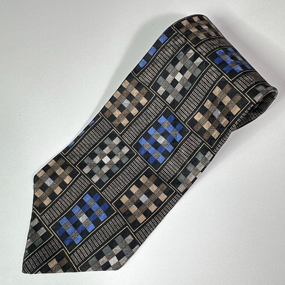 George‎ Machado Mens Silk Tie Black Blue Tan Plaid Geometric Pattern WPL 2831